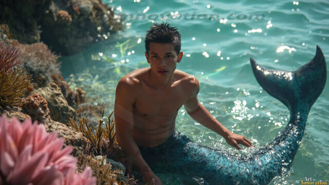 AI-generated HD photos featuring Mermen, The Warriors of the Sea. A collection of over 1,000 AI generated photo images of Mermen Warriors. Shirtless men from all age groups, with slim builds to hot and sexy, muscular body types, and from teenaged boys, to young men, to the handsome Elders. Merman warriors rising from a whirlpool, with a trident in hand, set against a stormy backdrop with dramatic lighting. Vibrant coral reefs, with detailed underwater scenes, highly realistic, with obsidian scales, that shimmer in the sunlight.