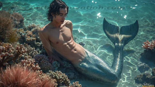 AI-generated HD photos featuring Mermen, The Warriors of the Sea. A collection of over 1,000 AI generated photo images of Mermen Warriors. Shirtless men from all age groups, with slim builds to hot and sexy, muscular body types, and from teenaged boys, to young men, to the handsome Elders. Merman warriors rising from a whirlpool, with a trident in hand, set against a stormy backdrop with dramatic lighting. Vibrant coral reefs, with detailed underwater scenes, highly realistic, with obsidian scales, that shimmer in the sunlight.
