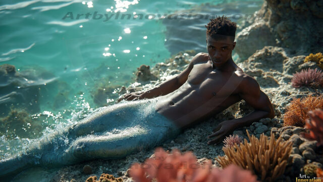AI-generated HD photos featuring Mermen, The Warriors of the Sea. A collection of over 1,000 AI generated photo images of Mermen Warriors. Shirtless men from all age groups, with slim builds to hot and sexy, muscular body types, and from teenaged boys, to young men, to the handsome Elders. Merman warriors rising from a whirlpool, with a trident in hand, set against a stormy backdrop with dramatic lighting. Vibrant coral reefs, with detailed underwater scenes, highly realistic, with obsidian scales, that shimmer in the sunlight.