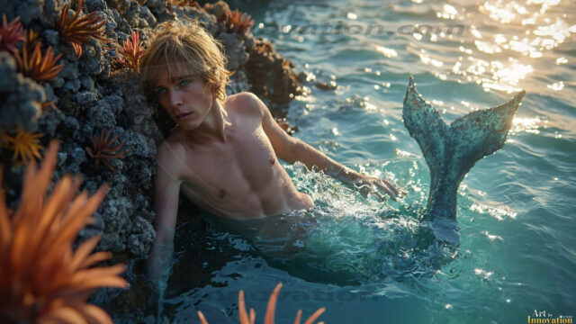 AI-generated HD photos featuring Mermen, The Warriors of the Sea. A collection of over 1,000 AI generated photo images of Mermen Warriors. Shirtless men from all age groups, with slim builds to hot and sexy, muscular body types, and from teenaged boys, to young men, to the handsome Elders. Merman warriors rising from a whirlpool, with a trident in hand, set against a stormy backdrop with dramatic lighting. Vibrant coral reefs, with detailed underwater scenes, highly realistic, with obsidian scales, that shimmer in the sunlight.