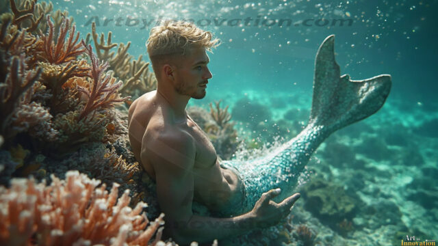 AI-generated HD photos featuring Mermen, The Warriors of the Sea. A collection of over 1,000 AI generated photo images of Mermen Warriors. Shirtless men from all age groups, with slim builds to hot and sexy, muscular body types, and from teenaged boys, to young men, to the handsome Elders. Merman warriors rising from a whirlpool, with a trident in hand, set against a stormy backdrop with dramatic lighting. Vibrant coral reefs, with detailed underwater scenes, highly realistic, with obsidian scales, that shimmer in the sunlight.