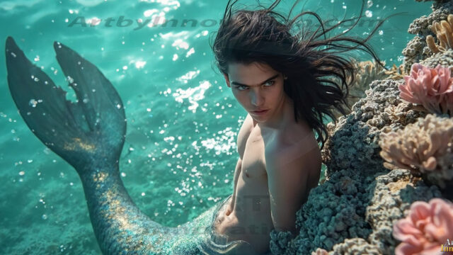 AI-generated HD photos featuring Mermen, The Warriors of the Sea. A collection of over 1,000 AI generated photo images of Mermen Warriors. Shirtless men from all age groups, with slim builds to hot and sexy, muscular body types, and from teenaged boys, to young men, to the handsome Elders. Merman warriors rising from a whirlpool, with a trident in hand, set against a stormy backdrop with dramatic lighting. Vibrant coral reefs, with detailed underwater scenes, highly realistic, with obsidian scales, that shimmer in the sunlight.