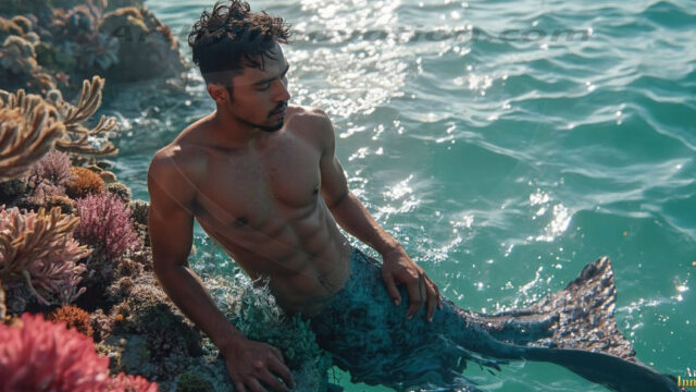 AI-generated HD photos featuring Mermen, The Warriors of the Sea. A collection of over 1,000 AI generated photo images of Mermen Warriors. Shirtless men from all age groups, with slim builds to hot and sexy, muscular body types, and from teenaged boys, to young men, to the handsome Elders. Merman warriors rising from a whirlpool, with a trident in hand, set against a stormy backdrop with dramatic lighting. Vibrant coral reefs, with detailed underwater scenes, highly realistic, with obsidian scales, that shimmer in the sunlight.
