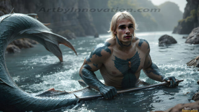 AI-generated HD photos featuring Mermen, The Warriors of the Sea. A collection of over 1,000 AI generated photo images of Mermen Warriors. Shirtless men from all age groups, with slim builds to hot and sexy, muscular body types, and from teenaged boys, to young men, to the handsome Elders. Merman warriors rising from a whirlpool, with a trident in hand, set against a stormy backdrop with dramatic lighting. Vibrant coral reefs, with detailed underwater scenes, highly realistic, with obsidian scales, that shimmer in the sunlight.