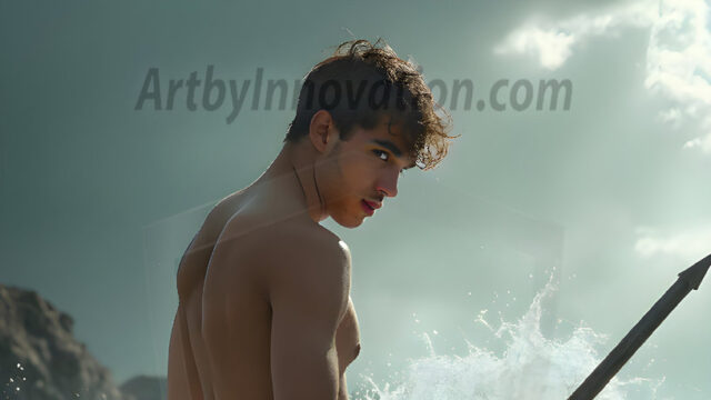 AI-generated HD photos featuring Mermen, The Warriors of the Sea. A collection of over 1,000 AI generated photo images of Mermen Warriors. Shirtless men from all age groups, with slim builds to hot and sexy, muscular body types, and from teenaged boys, to young men, to the handsome Elders. Merman warriors rising from a whirlpool, with a trident in hand, set against a stormy backdrop with dramatic lighting. Vibrant coral reefs, with detailed underwater scenes, highly realistic, with obsidian scales, that shimmer in the sunlight.