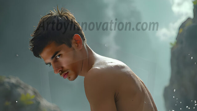 AI-generated HD photos featuring Mermen, The Warriors of the Sea. A collection of over 1,000 AI generated photo images of Mermen Warriors. Shirtless men from all age groups, with slim builds to hot and sexy, muscular body types, and from teenaged boys, to young men, to the handsome Elders. Merman warriors rising from a whirlpool, with a trident in hand, set against a stormy backdrop with dramatic lighting. Vibrant coral reefs, with detailed underwater scenes, highly realistic, with obsidian scales, that shimmer in the sunlight.