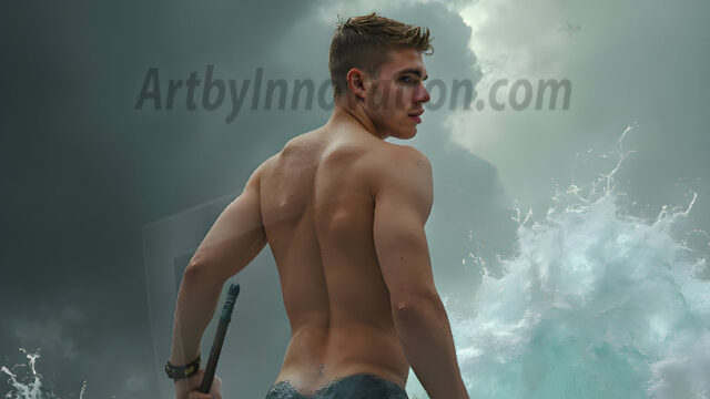 AI-generated HD photos featuring Mermen, The Warriors of the Sea. A collection of over 1,000 AI generated photo images of Mermen Warriors. Shirtless men from all age groups, with slim builds to hot and sexy, muscular body types, and from teenaged boys, to young men, to the handsome Elders. Merman warriors rising from a whirlpool, with a trident in hand, set against a stormy backdrop with dramatic lighting. Vibrant coral reefs, with detailed underwater scenes, highly realistic, with obsidian scales, that shimmer in the sunlight.