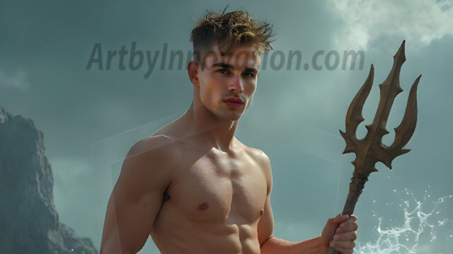 AI-generated HD photos featuring Mermen, The Warriors of the Sea. A collection of over 1,000 AI generated photo images of Mermen Warriors. Shirtless men from all age groups, with slim builds to hot and sexy, muscular body types, and from teenaged boys, to young men, to the handsome Elders. Merman warriors rising from a whirlpool, with a trident in hand, set against a stormy backdrop with dramatic lighting. Vibrant coral reefs, with detailed underwater scenes, highly realistic, with obsidian scales, that shimmer in the sunlight.