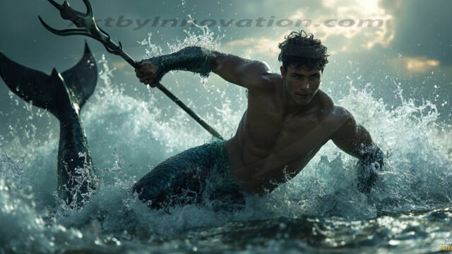 AI-generated HD photos featuring Mermen, The Warriors of the Sea. A collection of over 1,000 AI generated photo images of Mermen Warriors. Shirtless men from all age groups, with slim builds to hot and sexy, muscular body types, and from teenaged boys, to young men, to the handsome Elders. Merman warriors rising from a whirlpool, with a trident in hand, set against a stormy backdrop with dramatic lighting. Vibrant coral reefs, with detailed underwater scenes, highly realistic, with obsidian scales, that shimmer in the sunlight.