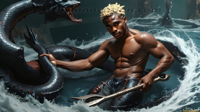 AI-generated HD photos featuring Mermen, The Warriors of the Sea. A collection of over 1,000 AI generated photo images of Mermen Warriors. Shirtless men from all age groups, with slim builds to hot and sexy, muscular body types, and from teenaged boys, to young men, to the handsome Elders. Merman warriors rising from a whirlpool, with a trident in hand, set against a stormy backdrop with dramatic lighting. Vibrant coral reefs, with detailed underwater scenes, highly realistic, with obsidian scales, that shimmer in the sunlight.