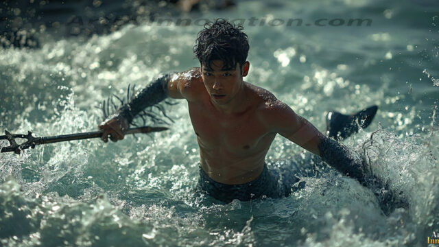 AI-generated HD photos featuring Mermen, The Warriors of the Sea. A collection of over 1,000 AI generated photo images of Mermen Warriors. Shirtless men from all age groups, with slim builds to hot and sexy, muscular body types, and from teenaged boys, to young men, to the handsome Elders. Merman warriors rising from a whirlpool, with a trident in hand, set against a stormy backdrop with dramatic lighting. Vibrant coral reefs, with detailed underwater scenes, highly realistic, with obsidian scales, that shimmer in the sunlight.