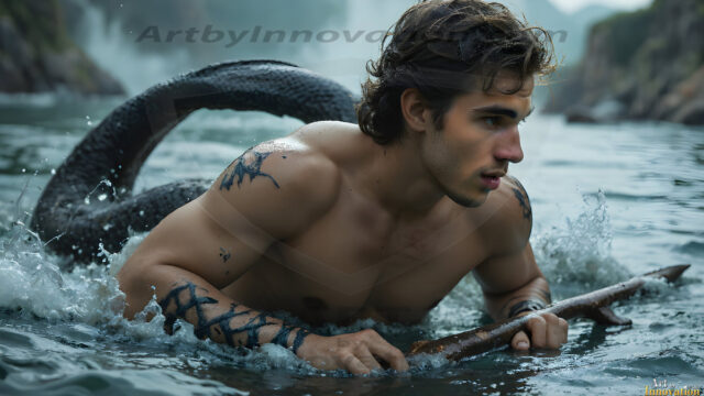 AI-generated HD photos featuring Mermen, The Warriors of the Sea. A collection of over 1,000 AI generated photo images of Mermen Warriors. Shirtless men from all age groups, with slim builds to hot and sexy, muscular body types, and from teenaged boys, to young men, to the handsome Elders. Merman warriors rising from a whirlpool, with a trident in hand, set against a stormy backdrop with dramatic lighting. Vibrant coral reefs, with detailed underwater scenes, highly realistic, with obsidian scales, that shimmer in the sunlight.