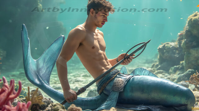 AI-generated HD photos featuring Mermen, The Warriors of the Sea. A collection of over 1,000 AI generated photo images of Mermen Warriors. Shirtless men from all age groups, with slim builds to hot and sexy, muscular body types, and from teenaged boys, to young men, to the handsome Elders. Merman warriors rising from a whirlpool, with a trident in hand, set against a stormy backdrop with dramatic lighting. Vibrant coral reefs, with detailed underwater scenes, highly realistic, with obsidian scales, that shimmer in the sunlight.