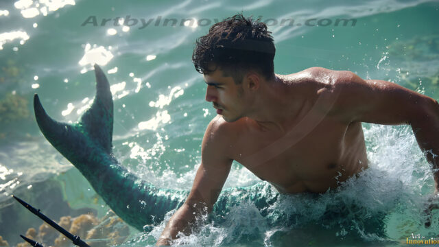 AI-generated HD photos featuring Mermen, The Warriors of the Sea. A collection of over 1,000 AI generated photo images of Mermen Warriors. Shirtless men from all age groups, with slim builds to hot and sexy, muscular body types, and from teenaged boys, to young men, to the handsome Elders. Merman warriors rising from a whirlpool, with a trident in hand, set against a stormy backdrop with dramatic lighting. Vibrant coral reefs, with detailed underwater scenes, highly realistic, with obsidian scales, that shimmer in the sunlight.