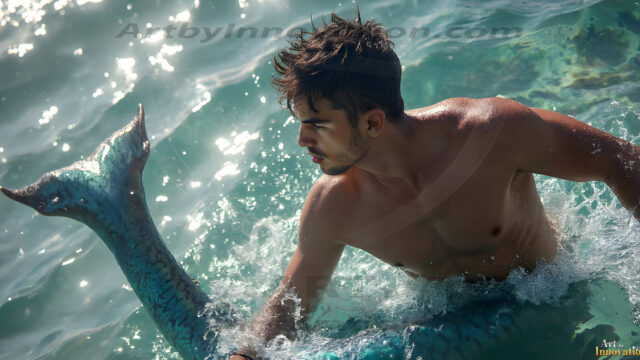 AI-generated HD photos featuring Mermen, The Warriors of the Sea. A collection of over 1,000 AI generated photo images of Mermen Warriors. Shirtless men from all age groups, with slim builds to hot and sexy, muscular body types, and from teenaged boys, to young men, to the handsome Elders. Merman warriors rising from a whirlpool, with a trident in hand, set against a stormy backdrop with dramatic lighting. Vibrant coral reefs, with detailed underwater scenes, highly realistic, with obsidian scales, that shimmer in the sunlight.