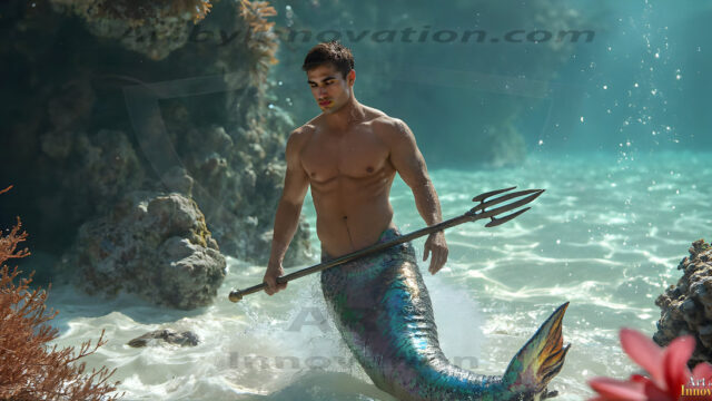 AI-generated HD photos featuring Mermen, The Warriors of the Sea. A collection of over 1,000 AI generated photo images of Mermen Warriors. Shirtless men from all age groups, with slim builds to hot and sexy, muscular body types, and from teenaged boys, to young men, to the handsome Elders. Merman warriors rising from a whirlpool, with a trident in hand, set against a stormy backdrop with dramatic lighting. Vibrant coral reefs, with detailed underwater scenes, highly realistic, with obsidian scales, that shimmer in the sunlight.