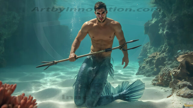 AI-generated HD photos featuring Mermen, The Warriors of the Sea. A collection of over 1,000 AI generated photo images of Mermen Warriors. Shirtless men from all age groups, with slim builds to hot and sexy, muscular body types, and from teenaged boys, to young men, to the handsome Elders. Merman warriors rising from a whirlpool, with a trident in hand, set against a stormy backdrop with dramatic lighting. Vibrant coral reefs, with detailed underwater scenes, highly realistic, with obsidian scales, that shimmer in the sunlight.