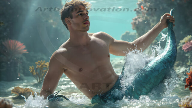 AI-generated HD photos featuring Mermen, The Warriors of the Sea. A collection of over 1,000 AI generated photo images of Mermen Warriors. Shirtless men from all age groups, with slim builds to hot and sexy, muscular body types, and from teenaged boys, to young men, to the handsome Elders. Merman warriors rising from a whirlpool, with a trident in hand, set against a stormy backdrop with dramatic lighting. Vibrant coral reefs, with detailed underwater scenes, highly realistic, with obsidian scales, that shimmer in the sunlight.