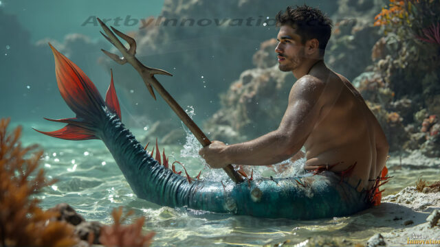 AI-generated HD photos featuring Mermen, The Warriors of the Sea. A collection of over 1,000 AI generated photo images of Mermen Warriors. Shirtless men from all age groups, with slim builds to hot and sexy, muscular body types, and from teenaged boys, to young men, to the handsome Elders. Merman warriors rising from a whirlpool, with a trident in hand, set against a stormy backdrop with dramatic lighting. Vibrant coral reefs, with detailed underwater scenes, highly realistic, with obsidian scales, that shimmer in the sunlight.