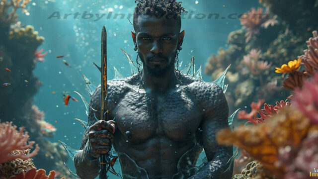 AI-generated HD photos featuring Mermen, The Warriors of the Sea. A collection of over 1,000 AI generated photo images of Mermen Warriors. Shirtless men from all age groups, with slim builds to hot and sexy, muscular body types, and from teenaged boys, to young men, to the handsome Elders. Merman warriors rising from a whirlpool, with a trident in hand, set against a stormy backdrop with dramatic lighting. Vibrant coral reefs, with detailed underwater scenes, highly realistic, with obsidian scales, that shimmer in the sunlight.