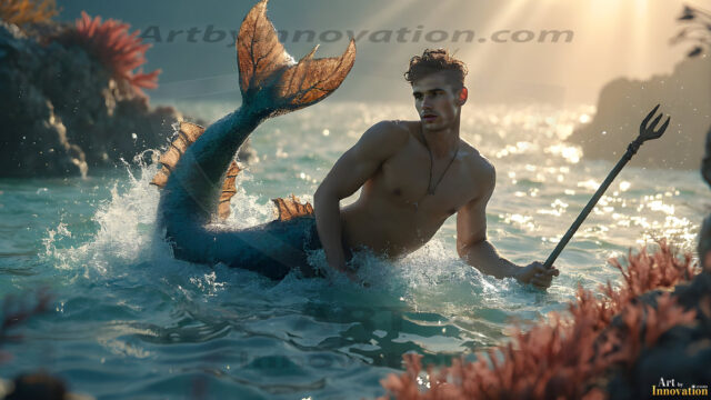AI-generated HD photos featuring Mermen, The Warriors of the Sea. A collection of over 1,000 AI generated photo images of Mermen Warriors. Shirtless men from all age groups, with slim builds to hot and sexy, muscular body types, and from teenaged boys, to young men, to the handsome Elders. Merman warriors rising from a whirlpool, with a trident in hand, set against a stormy backdrop with dramatic lighting. Vibrant coral reefs, with detailed underwater scenes, highly realistic, with obsidian scales, that shimmer in the sunlight.