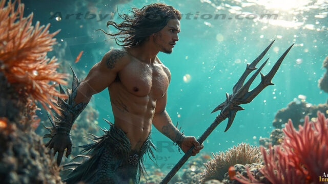 AI-generated HD photos featuring Mermen, The Warriors of the Sea. A collection of over 1,000 AI generated photo images of Mermen Warriors. Shirtless men from all age groups, with slim builds to hot and sexy, muscular body types, and from teenaged boys, to young men, to the handsome Elders. Merman warriors rising from a whirlpool, with a trident in hand, set against a stormy backdrop with dramatic lighting. Vibrant coral reefs, with detailed underwater scenes, highly realistic, with obsidian scales, that shimmer in the sunlight.