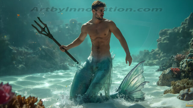 AI-generated HD photos featuring Mermen, The Warriors of the Sea. A collection of over 1,000 AI generated photo images of Mermen Warriors. Shirtless men from all age groups, with slim builds to hot and sexy, muscular body types, and from teenaged boys, to young men, to the handsome Elders. Merman warriors rising from a whirlpool, with a trident in hand, set against a stormy backdrop with dramatic lighting. Vibrant coral reefs, with detailed underwater scenes, highly realistic, with obsidian scales, that shimmer in the sunlight.