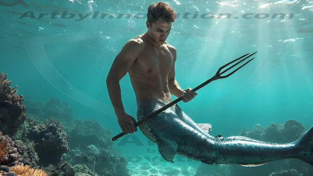 AI-generated HD photos featuring Mermen, The Warriors of the Sea. A collection of over 1,000 AI generated photo images of Mermen Warriors. Shirtless men from all age groups, with slim builds to hot and sexy, muscular body types, and from teenaged boys, to young men, to the handsome Elders. Merman warriors rising from a whirlpool, with a trident in hand, set against a stormy backdrop with dramatic lighting. Vibrant coral reefs, with detailed underwater scenes, highly realistic, with obsidian scales, that shimmer in the sunlight.