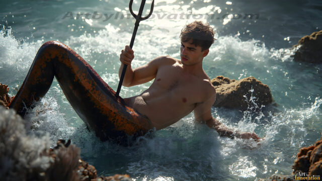 AI-generated HD photos featuring Mermen, The Warriors of the Sea. A collection of over 1,000 AI generated photo images of Mermen Warriors. Shirtless men from all age groups, with slim builds to hot and sexy, muscular body types, and from teenaged boys, to young men, to the handsome Elders. Merman warriors rising from a whirlpool, with a trident in hand, set against a stormy backdrop with dramatic lighting. Vibrant coral reefs, with detailed underwater scenes, highly realistic, with obsidian scales, that shimmer in the sunlight.
