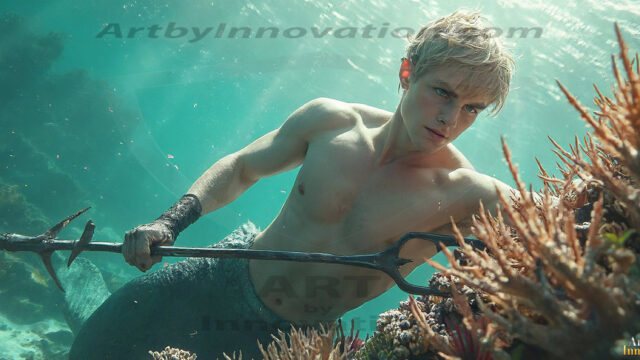 AI-generated HD photos featuring Mermen, The Warriors of the Sea. A collection of over 1,000 AI generated photo images of Mermen Warriors. Shirtless men from all age groups, with slim builds to hot and sexy, muscular body types, and from teenaged boys, to young men, to the handsome Elders. Merman warriors rising from a whirlpool, with a trident in hand, set against a stormy backdrop with dramatic lighting. Vibrant coral reefs, with detailed underwater scenes, highly realistic, with obsidian scales, that shimmer in the sunlight.