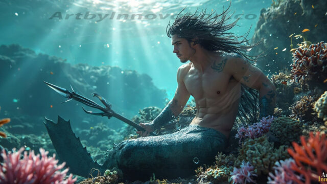 AI-generated HD photos featuring Mermen, The Warriors of the Sea. A collection of over 1,000 AI generated photo images of Mermen Warriors. Shirtless men from all age groups, with slim builds to hot and sexy, muscular body types, and from teenaged boys, to young men, to the handsome Elders. Merman warriors rising from a whirlpool, with a trident in hand, set against a stormy backdrop with dramatic lighting. Vibrant coral reefs, with detailed underwater scenes, highly realistic, with obsidian scales, that shimmer in the sunlight.