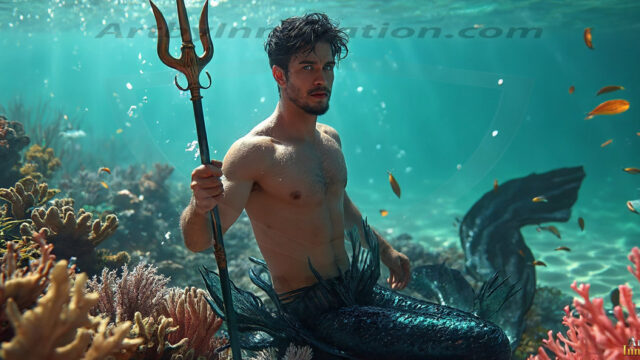 AI-generated HD photos featuring Mermen, The Warriors of the Sea. A collection of over 1,000 AI generated photo images of Mermen Warriors. Shirtless men from all age groups, with slim builds to hot and sexy, muscular body types, and from teenaged boys, to young men, to the handsome Elders. Merman warriors rising from a whirlpool, with a trident in hand, set against a stormy backdrop with dramatic lighting. Vibrant coral reefs, with detailed underwater scenes, highly realistic, with obsidian scales, that shimmer in the sunlight.