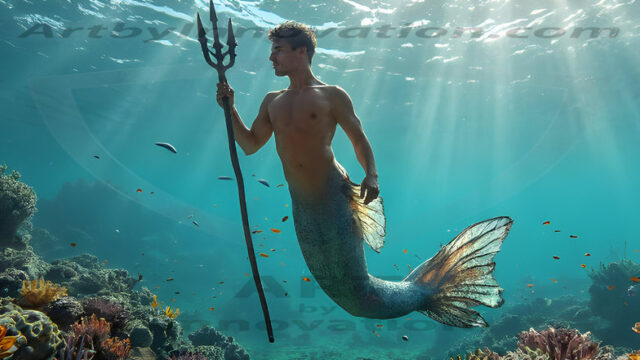 AI-generated HD photos featuring Mermen, The Warriors of the Sea. A collection of over 1,000 AI generated photo images of Mermen Warriors. Shirtless men from all age groups, with slim builds to hot and sexy, muscular body types, and from teenaged boys, to young men, to the handsome Elders. Merman warriors rising from a whirlpool, with a trident in hand, set against a stormy backdrop with dramatic lighting. Vibrant coral reefs, with detailed underwater scenes, highly realistic, with obsidian scales, that shimmer in the sunlight.