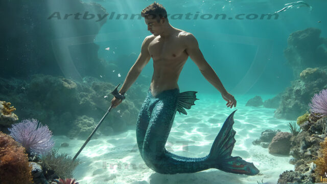 AI-generated HD photos featuring Mermen, The Warriors of the Sea. A collection of over 1,000 AI generated photo images of Mermen Warriors. Shirtless men from all age groups, with slim builds to hot and sexy, muscular body types, and from teenaged boys, to young men, to the handsome Elders. Merman warriors rising from a whirlpool, with a trident in hand, set against a stormy backdrop with dramatic lighting. Vibrant coral reefs, with detailed underwater scenes, highly realistic, with obsidian scales, that shimmer in the sunlight.