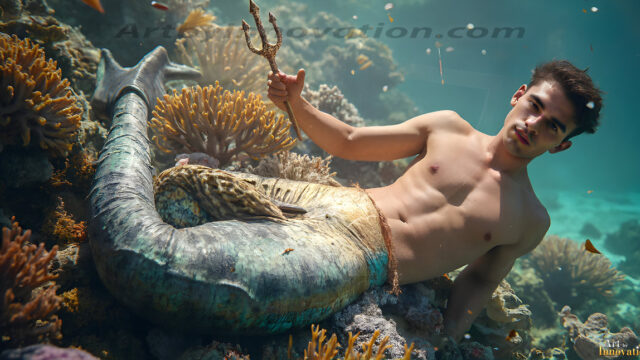 AI-generated HD photos featuring Mermen, The Warriors of the Sea. A collection of over 1,000 AI generated photo images of Mermen Warriors. Shirtless men from all age groups, with slim builds to hot and sexy, muscular body types, and from teenaged boys, to young men, to the handsome Elders. Merman warriors rising from a whirlpool, with a trident in hand, set against a stormy backdrop with dramatic lighting. Vibrant coral reefs, with detailed underwater scenes, highly realistic, with obsidian scales, that shimmer in the sunlight.