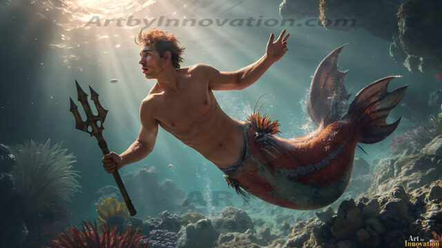 AI-generated HD photos featuring Mermen, The Warriors of the Sea. A collection of over 1,000 AI generated photo images of Mermen Warriors. Shirtless men from all age groups, with slim builds to hot and sexy, muscular body types, and from teenaged boys, to young men, to the handsome Elders. Merman warriors rising from a whirlpool, with a trident in hand, set against a stormy backdrop with dramatic lighting. Vibrant coral reefs, with detailed underwater scenes, highly realistic, with obsidian scales, that shimmer in the sunlight.
