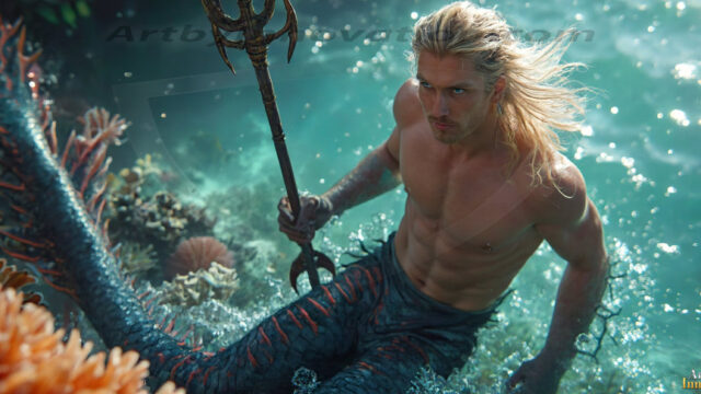 AI-generated HD photos featuring Mermen, The Warriors of the Sea. A collection of over 1,000 AI generated photo images of Mermen Warriors. Shirtless men from all age groups, with slim builds to hot and sexy, muscular body types, and from teenaged boys, to young men, to the handsome Elders. Merman warriors rising from a whirlpool, with a trident in hand, set against a stormy backdrop with dramatic lighting. Vibrant coral reefs, with detailed underwater scenes, highly realistic, with obsidian scales, that shimmer in the sunlight.