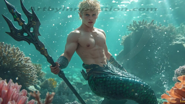 AI-generated HD photos featuring Mermen, The Warriors of the Sea. A collection of over 1,000 AI generated photo images of Mermen Warriors. Shirtless men from all age groups, with slim builds to hot and sexy, muscular body types, and from teenaged boys, to young men, to the handsome Elders. Merman warriors rising from a whirlpool, with a trident in hand, set against a stormy backdrop with dramatic lighting. Vibrant coral reefs, with detailed underwater scenes, highly realistic, with obsidian scales, that shimmer in the sunlight.