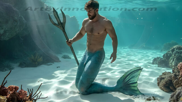 AI-generated HD photos featuring Mermen, The Warriors of the Sea. A collection of over 1,000 AI generated photo images of Mermen Warriors. Shirtless men from all age groups, with slim builds to hot and sexy, muscular body types, and from teenaged boys, to young men, to the handsome Elders. Merman warriors rising from a whirlpool, with a trident in hand, set against a stormy backdrop with dramatic lighting. Vibrant coral reefs, with detailed underwater scenes, highly realistic, with obsidian scales, that shimmer in the sunlight.