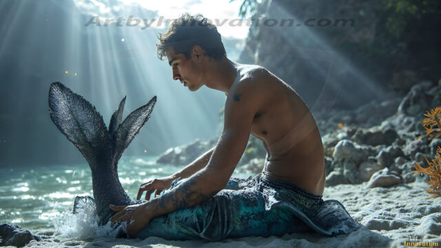 AI-generated HD photos featuring Mermen, The Warriors of the Sea. A collection of over 1,000 AI generated photo images of Mermen Warriors. Shirtless men from all age groups, with slim builds to hot and sexy, muscular body types, and from teenaged boys, to young men, to the handsome Elders. Merman warriors rising from a whirlpool, with a trident in hand, set against a stormy backdrop with dramatic lighting. Vibrant coral reefs, with detailed underwater scenes, highly realistic, with obsidian scales, that shimmer in the sunlight.