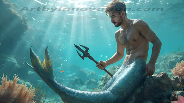 AI-generated HD photos featuring Mermen, The Warriors of the Sea. A collection of over 1,000 AI generated photo images of Mermen Warriors. Shirtless men from all age groups, with slim builds to hot and sexy, muscular body types, and from teenaged boys, to young men, to the handsome Elders. Merman warriors rising from a whirlpool, with a trident in hand, set against a stormy backdrop with dramatic lighting. Vibrant coral reefs, with detailed underwater scenes, highly realistic, with obsidian scales, that shimmer in the sunlight.