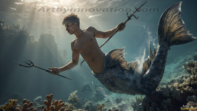 AI-generated HD photos featuring Mermen, The Warriors of the Sea. A collection of over 1,000 AI generated photo images of Mermen Warriors. Shirtless men from all age groups, with slim builds to hot and sexy, muscular body types, and from teenaged boys, to young men, to the handsome Elders. Merman warriors rising from a whirlpool, with a trident in hand, set against a stormy backdrop with dramatic lighting. Vibrant coral reefs, with detailed underwater scenes, highly realistic, with obsidian scales, that shimmer in the sunlight.
