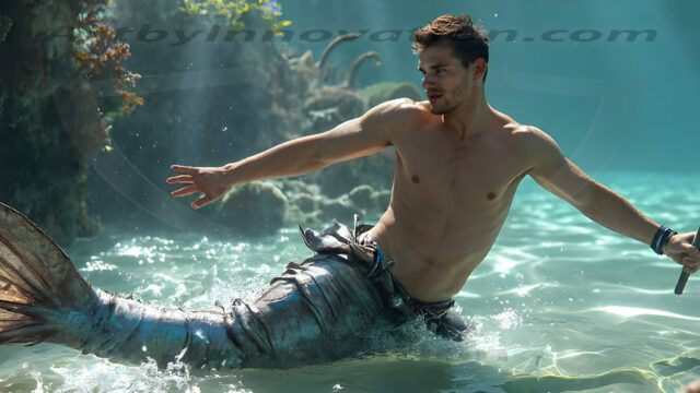 AI-generated HD photos featuring Mermen, The Warriors of the Sea. A collection of over 1,000 AI generated photo images of Mermen Warriors. Shirtless men from all age groups, with slim builds to hot and sexy, muscular body types, and from teenaged boys, to young men, to the handsome Elders. Merman warriors rising from a whirlpool, with a trident in hand, set against a stormy backdrop with dramatic lighting. Vibrant coral reefs, with detailed underwater scenes, highly realistic, with obsidian scales, that shimmer in the sunlight.