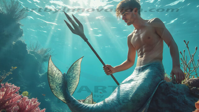 AI-generated HD photos featuring Mermen, The Warriors of the Sea. A collection of over 1,000 AI generated photo images of Mermen Warriors. Shirtless men from all age groups, with slim builds to hot and sexy, muscular body types, and from teenaged boys, to young men, to the handsome Elders. Merman warriors rising from a whirlpool, with a trident in hand, set against a stormy backdrop with dramatic lighting. Vibrant coral reefs, with detailed underwater scenes, highly realistic, with obsidian scales, that shimmer in the sunlight.