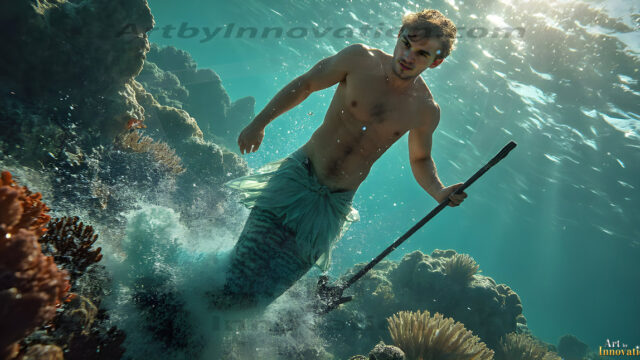 AI-generated HD photos featuring Mermen, The Warriors of the Sea. A collection of over 1,000 AI generated photo images of Mermen Warriors. Shirtless men from all age groups, with slim builds to hot and sexy, muscular body types, and from teenaged boys, to young men, to the handsome Elders. Merman warriors rising from a whirlpool, with a trident in hand, set against a stormy backdrop with dramatic lighting. Vibrant coral reefs, with detailed underwater scenes, highly realistic, with obsidian scales, that shimmer in the sunlight.