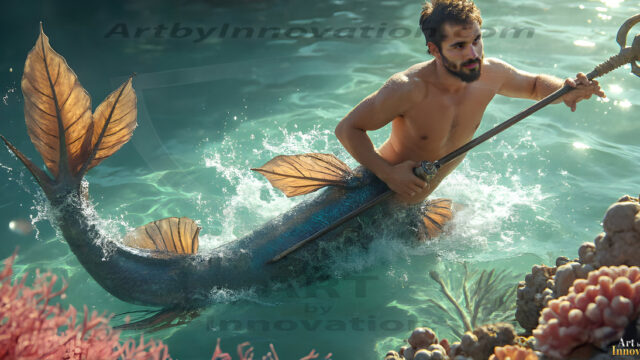AI-generated HD photos featuring Mermen, The Warriors of the Sea. A collection of over 1,000 AI generated photo images of Mermen Warriors. Shirtless men from all age groups, with slim builds to hot and sexy, muscular body types, and from teenaged boys, to young men, to the handsome Elders. Merman warriors rising from a whirlpool, with a trident in hand, set against a stormy backdrop with dramatic lighting. Vibrant coral reefs, with detailed underwater scenes, highly realistic, with obsidian scales, that shimmer in the sunlight.