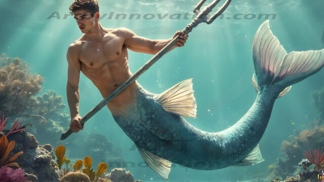 AI-generated HD photos featuring Mermen, The Warriors of the Sea. A collection of over 1,000 AI generated photo images of Mermen Warriors. Shirtless men from all age groups, with slim builds to hot and sexy, muscular body types, and from teenaged boys, to young men, to the handsome Elders. Merman warriors rising from a whirlpool, with a trident in hand, set against a stormy backdrop with dramatic lighting. Vibrant coral reefs, with detailed underwater scenes, highly realistic, with obsidian scales, that shimmer in the sunlight.
