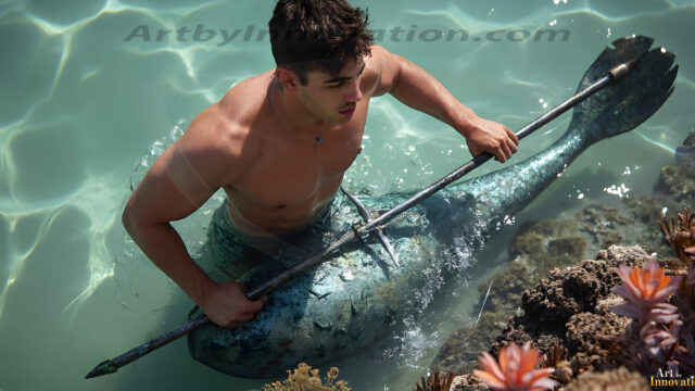 AI-generated HD photos featuring Mermen, The Warriors of the Sea. A collection of over 1,000 AI generated photo images of Mermen Warriors. Shirtless men from all age groups, with slim builds to hot and sexy, muscular body types, and from teenaged boys, to young men, to the handsome Elders. Merman warriors rising from a whirlpool, with a trident in hand, set against a stormy backdrop with dramatic lighting. Vibrant coral reefs, with detailed underwater scenes, highly realistic, with obsidian scales, that shimmer in the sunlight.