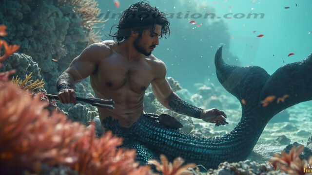 AI-generated HD photos featuring Mermen, The Warriors of the Sea. A collection of over 1,000 AI generated photo images of Mermen Warriors. Shirtless men from all age groups, with slim builds to hot and sexy, muscular body types, and from teenaged boys, to young men, to the handsome Elders. Merman warriors rising from a whirlpool, with a trident in hand, set against a stormy backdrop with dramatic lighting. Vibrant coral reefs, with detailed underwater scenes, highly realistic, with obsidian scales, that shimmer in the sunlight.