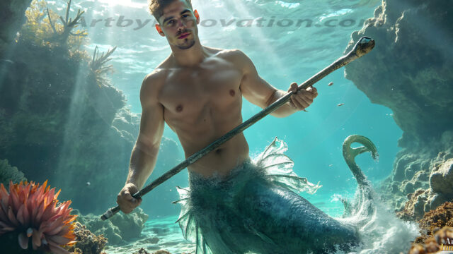 AI-generated HD photos featuring Mermen, The Warriors of the Sea. A collection of over 1,000 AI generated photo images of Mermen Warriors. Shirtless men from all age groups, with slim builds to hot and sexy, muscular body types, and from teenaged boys, to young men, to the handsome Elders. Merman warriors rising from a whirlpool, with a trident in hand, set against a stormy backdrop with dramatic lighting. Vibrant coral reefs, with detailed underwater scenes, highly realistic, with obsidian scales, that shimmer in the sunlight.